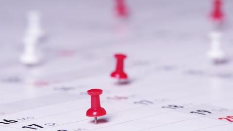 Ein Kalenderblatt mit Pins zur Markierung von Terminen.