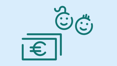 Icon Kinderzulage: Stilisiertes Geld neben zwei Köpfen von Kindern