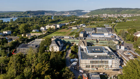 Luftaufnahme der aktuellen Baustellen der Hochschule Geisenheim Die Hochschule Geisenheim University von oben.
