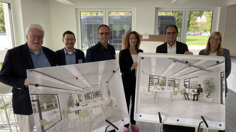 Hausbesuch beim neuen Finanzamt in Nidda. Finanzminister Michael Boddenberg (2. v.r.) konnte heute erste Einblicke in den Neubau des Finanzamts Nidda nehmen. Mit dabei, hier in der zukünftigen Kantine (v.l.n.r.): Dr. Jörg-Uwe Hahn (Vize-Präsident des Hessischen Landtags und örtlicher Landtagsabgeordneter), Michael Hohmann (Abteilungsleiter Finanzministerium), Thorsten Eberhard (Bürgermeister Nidda), Konstanze Bepperling (kommissarische Oberfinanzpräsidentin), Christine Putzo (Amtsleiterin Finanzamt Nidda).