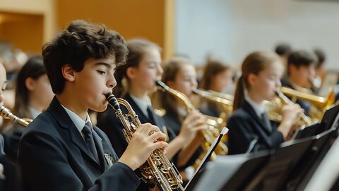 Zu sehen ist ein Orchester mit Jugendlichen, die Blasinstrumente spielen.