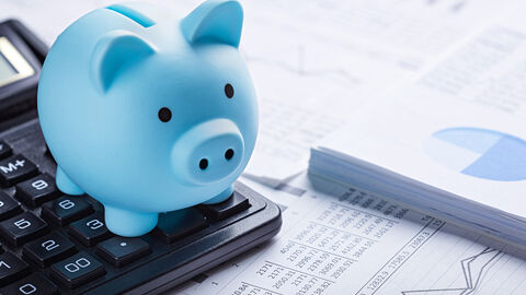 Zu sehen sind ein Sparschwein und ein Taschenrechner, beide liegen auf einem Stapel mit Unterlagen ab, die Finanzdaten zeigen.