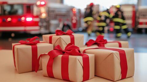 Im Bildvordergrund sind Geschenke mit roten Schleifen zu sehen, im Bildhintergrund arbeiten Feuerwehrleute.