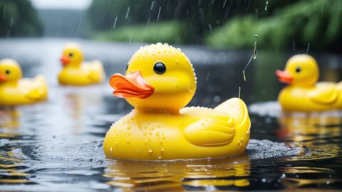 Mehrere Gummienten schwimmen auf einem Gewässer.