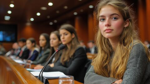 Schülerinnen und Schüler sitzen in einem Konferenzraum.