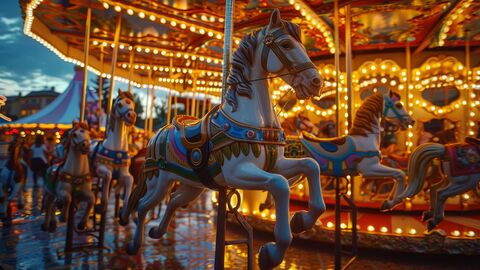 Zu sehen ist ein Kinderkarussell mit Pferden.