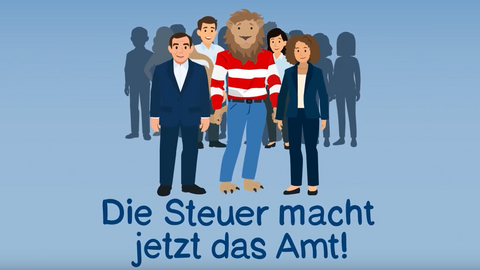 Thumbnail zum Erklärfilm mit der Aufschrift: Die Steuer macht jetzt das Amt! Darüber eine Gruppe Personen rund um den Hessenlöwen.