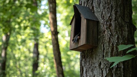 Zu sehen ist ein Nistkasten an einem Baum mit einer Fledermaus darin.