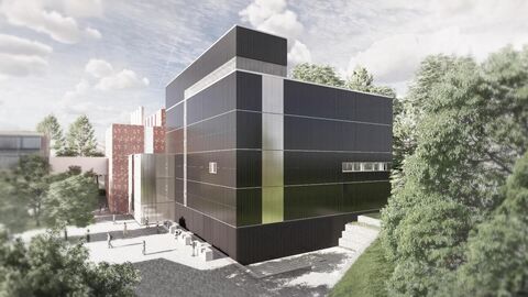 Visualisierung des neuen Hochsicherheitslabors mit seiner kubischen Form und einer schwarzen Fassade.